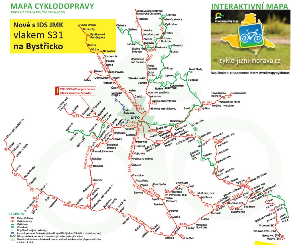 Obrázek 84 - Mapa cyklobusů a cyklovlaků k 1.7.2014. Zdroj: www.cyklo-jizni-morava.cz 8.3 KVALITA TRAS, DOSTUPNOST ÚZEMÍ, TECHNOLOGIE OBSLUHY B+G 8.3.1 Kvalita tras Dobře navržená a spojitá síť cyklotras je důležitou součástí snah o podporu cyklodopravy.