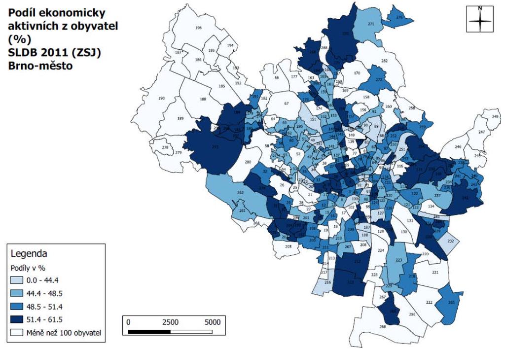 Obrázek 3 - Hustota obyvatel. Zdroj: Sociodemografická analýza územních částí města Brna.
