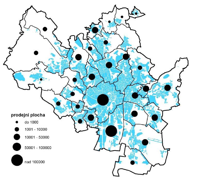 Obrázek 12 - Celková prodejní plocha (m2) v městských částech v Brně.