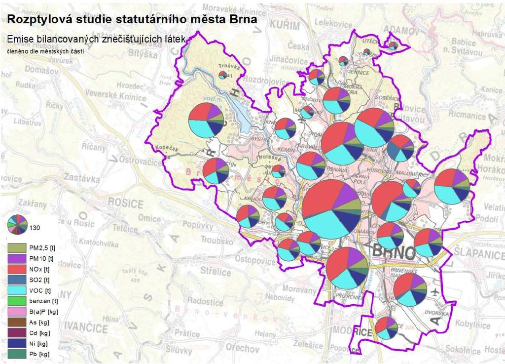 Obrázek 24 - Emise sledovaných škodlivin (tun/rok, resp. kg/rok), stacionární a mobilní zdroje. Zdroj: Rozptylová studie Brno 2016 4.11.2 Automatický imisní monitoring AIM a modelové imisní výpočty 4.