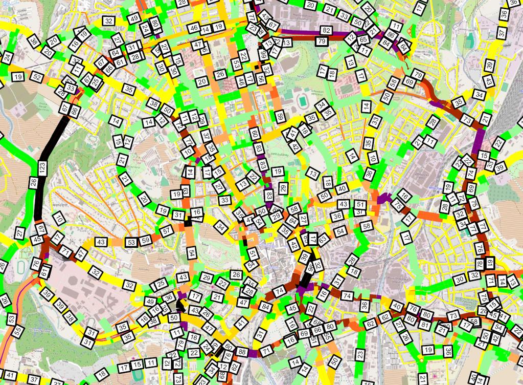 Obrázek 46 Stupeň čerpání kapacity rok 2014. Zdroj: AF-CityPlan 5.5 ORGANIZACE DOPRAVY, DOPRAVNĚ ZKLIDNĚNÉ OBLASTI Historické jádro města Brna patří k dopravně nejexponovanější části města.