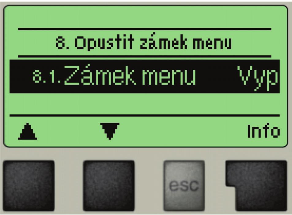 Zámek menu menu 8 F 8 - Zámek menu Menu 8. Zámek menu lze využít k zajištění regulátoru před nechtěnou změnou nastavených hodnot. Menu se ukončuje stiskem esc nebo volbou Opustit zámek menu.