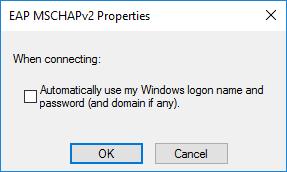 2.9 Vlastnosti EAP MSCHAPv2 Zrušte zatržení boxu Automaticky použít moje přihlašovací jméno a heslo do Windows.