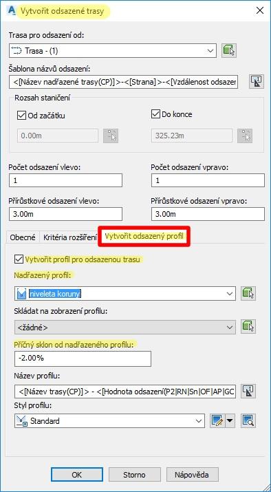 4. Dynamické odsazené profily Lze vytvářet dynamické odsazené profily na odsazených trasách v uživatelem definovaném příčném sklonu a to i v různých příčných sklonech z