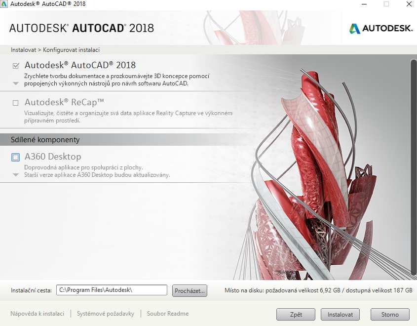 5) Zrušte zatržení instalace Autodesk Re-Cap a A306 Desktop a