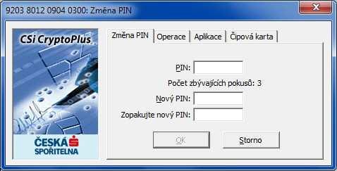 9203 8012 0904 0300: Změna PIN 9203 8012 0904 0300: PIN change Zadání PIN Enter PIN Operace Operations Aplikace Applications Čipová karta Chip card PIN: PIN: Počet zbývajících pokusů: Tries