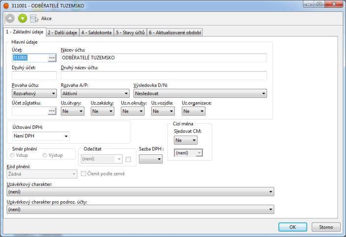 Záložka 1 Základní údaje Na záložce Základní údaje se zadávají tyto položky: Hlavní údaje V této oblasti se zadávají základní informace o daném účtu.