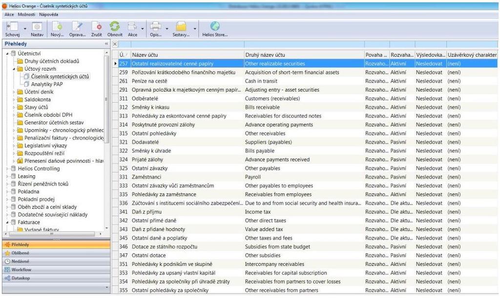 Přehled Číselník syntetických účtů otevřete ve stromové struktuře přehledů klepnutím na volbu hlavní nabídky Účetnictví, Účtový rozvrh, Číselník syntetických účtů.