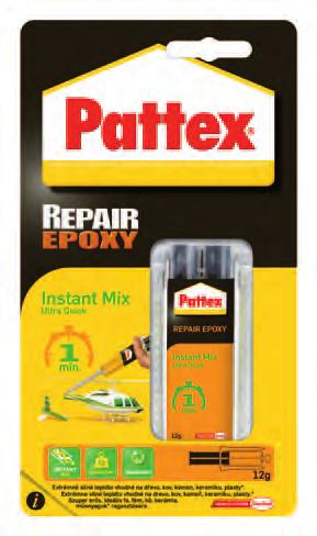 Pattex Repair Epoxy Pattex Repair Epoxy Instant Mix 1 min Univerzální dvousložkové epoxidové lepidlo. Rychlá příprava pro použití smícháním obou komponentů pomocí špachtle.