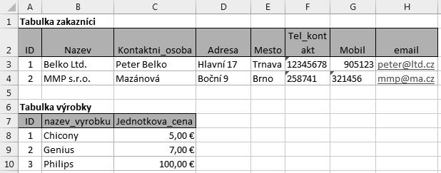 tabulky, které evidují zákazníky, výrobky, kategorie výrobků, faktury a detaily faktury. Každá obsahuje pole jen k určité skupině informací.