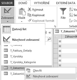 Kapitola 2 Tabulky Možnosti zobrazení tabulky Tabulky v Accessu 2013 můžete otevřít v zobrazení Datového listu nebo v Návrhovém zobrazení. Pokud je tabulka zavřená, postupujte následovně: 1.