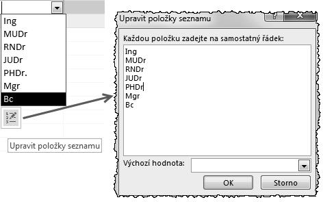 Kapitola 2 Tabulky 8. Do vlastnosti Zdroj řádků vypíšete jednotlivé tituly oddělené středníkem: Ing.; MUDr.; RNDr.; JUDr.; Mgr.; Bc;. Obrázek 2.