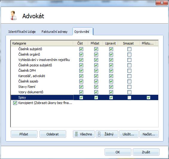 Na závěr je možno zadanému advokátovi dodatečně definovat oprávnění k fakturacím a finančním položkám,