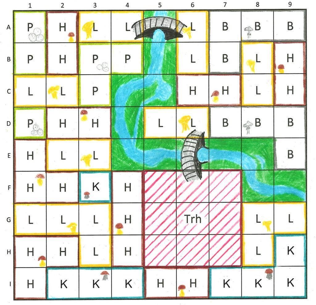 Mapa lesa Písmena v polích = druhy hub