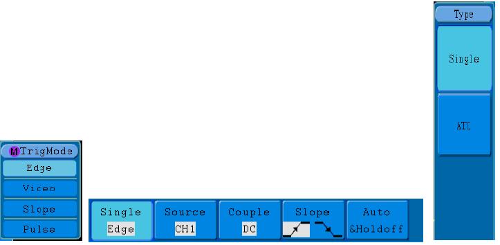 Obrázek 5-17 Edge trigger menu Edge menu tabulka: Menu Nastavení Popis Single Mode Edge Nastaví vertikální kanál na spouštění na Hraně Zdroj EXT EXT/5 Nastaví CH1 jako zdroj signálu spouštění Nastaví