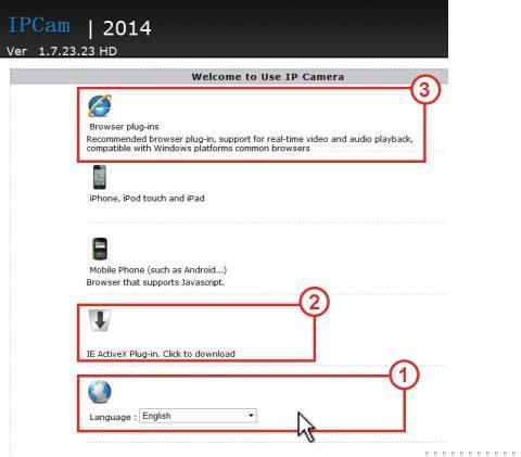 8. Nyní v nabídce postupujte podle obrázku. Dole vyberte jazyk, nainstalujte plug-in pro ovládání a spusťte sledování. 9.