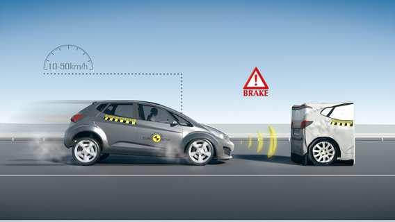 automobilek nesou různé názvy (Front Assistant, City Safe Drive, Front Assist, Active City Stop, Forward Alert, City Brake Control, Pedestrian Warning with City Brake Activation,.