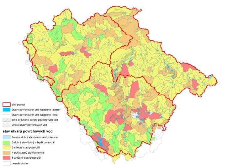 Výsledky hodnocení ekologického stavu a potenciálu vodních útvarů přirozené toky: dobrý stav 42 VÚ (14%) střední stav 180 VÚ (59%) poškozený stav 64 VÚ (21%) zničený