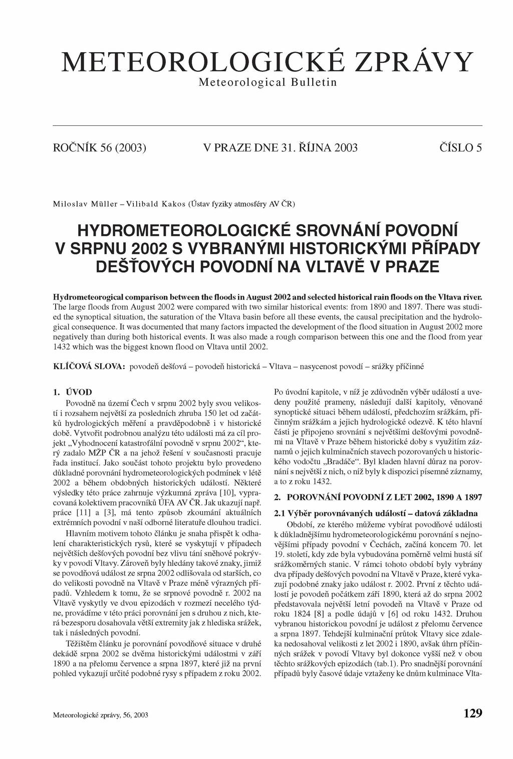 METEOROLOGICKÉ ZPRÁVY M eteorological B ulletin ROČNÍK 56 (2003) V PRAZE DNE 31.