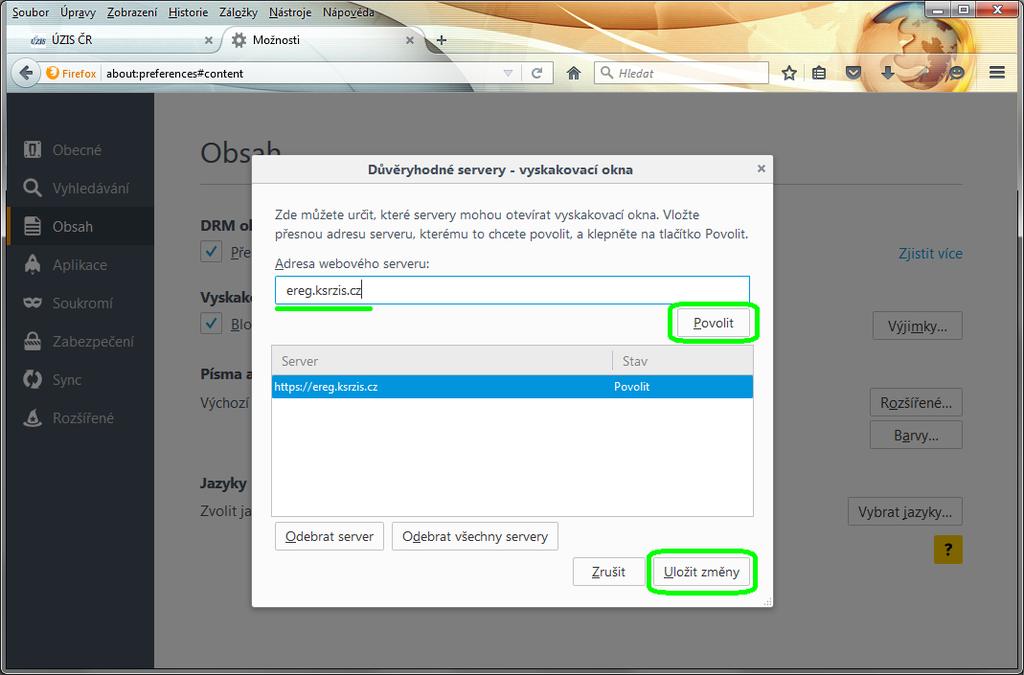 3. Do řádku Adresa webového serveru vložte ereg.ksrzis.cz a klikněte na Povolit.