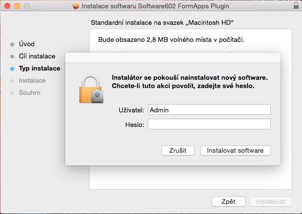 8. Pro instalaci je třeba zadat heslo správce systému. V zobrazeném dialogu jej vyplňte a stiskněte tlačítko Instalovat software. 9.