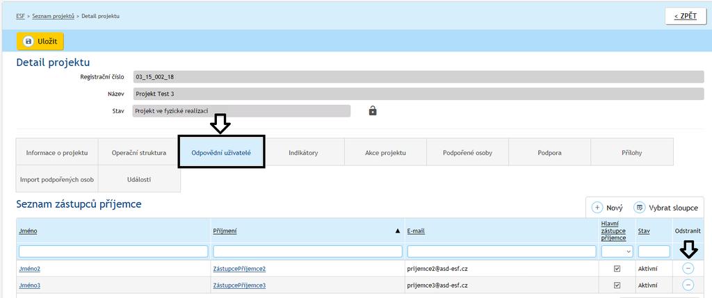 Obrázek 18-Odpojení uživatele ze seznamu zástupců příjemce Změna odpovědné osoby při změně na projektu Pokud byl jednou projekt do systému IS ESF 2014+ převzat a příjemce podá např.