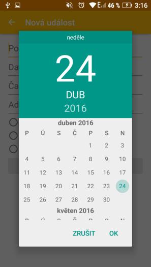 Obrázek 9 - DatePicker a TimePicker Dialog pro zadání data je definován ve třídě DatePickerFragment, která rozšiřuje DialogFragment a implementuje DatePickerDialog.OnDateSetListener.
