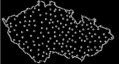 2. Souřadnicové systémy používané na území České republiky Obrázek 2.4: Rozložení bodů kampaně Dopnul bodů I. řádu trigonometrické sítě.