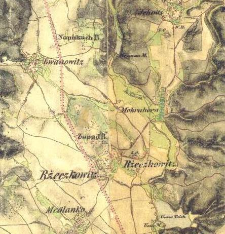 2. Oblast Řečkovice na mapě druhého vojenského mapování (kolem roku 1840).