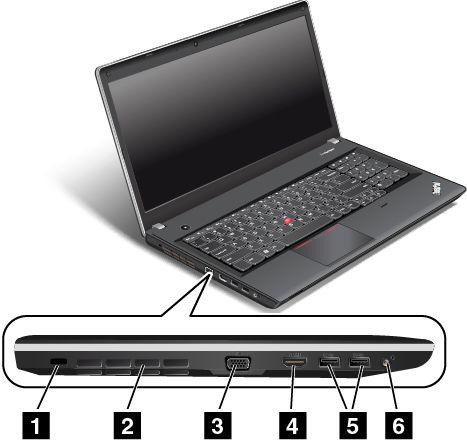 Pohled zleva na model ThinkPad Edge E540 Obrázek 5. Pohled zleva na model ThinkPad Edge E540 1 Slot pro bezpečnostní zámek 4 Konektor HDMI 2 Mřížka ventilátoru (levá) 5 Konektory USB 3.