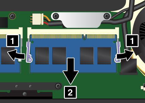5. Otevřete západky po obou stranách paměťového slotu 1 a vyjměte paměťový modul 2. 6. Konec paměťového modulu označený zářezem nasměrujte k okraji paměťového slotu s kontakty.