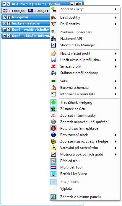 Volby v menu Kliknutí pravým tlačítkem na horní lištu Hlavního okna zobrazí následující menu: Zůstatky hlavního a australského konta Menu zobrazené pravým kliknutím Hlavní okno se zobrazeným menu při