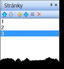 Stránky Panel "Stránky" umožňuje vytvářet vícestránkové dokumenty. Funkce tlačítek: 1. přesunout stránku nahoru 2. přesunout stránku dolů 3. přidat stránku 4. smazat stránku 5.