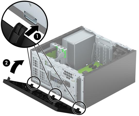 Nasazení čelního panelu Zahákněte tři západky na spodní straně čelního panelu do obdélníkových otvorů ve skříni (1) a poté otočte horní stranu panelu, až