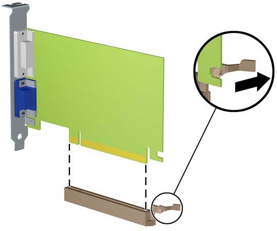 c. Pokud odstraňujete kartu PCI Express x16, odklopte upevňovací páčku v zadní části rozšiřovací zásuvky a opatrně naklánějte kartu dopředu a dozadu, dokud se její konektor s kontakty nevysune ze