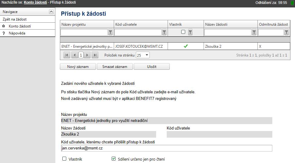 Editace MZ nebo ŽoP více uživateli Uživatel (s editačními právy na úrovni Vlastník) se přihlásí do aplikace a vybere existující PŽ Stiskněte tlačítko Nový záznam, do pole Kód uživatele, kterým chcete