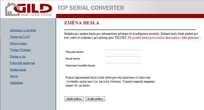 Je možno nastavit parametry pro upřesnění komunikace a zabezpečení přístupu ke konfiguraci modulu.