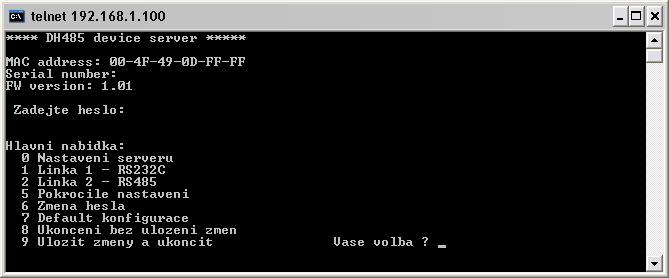 TELNET rozhraní se spustí pomocí libovolného telnetového terminálu připojením na IP adresu modulu přes port 9999.