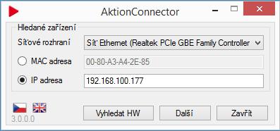 1. Připojte expander do datové sítě. 2. Spusťte aplikaci Aktion Connector a zadejte MAC adresu/ip adresu zařízení.