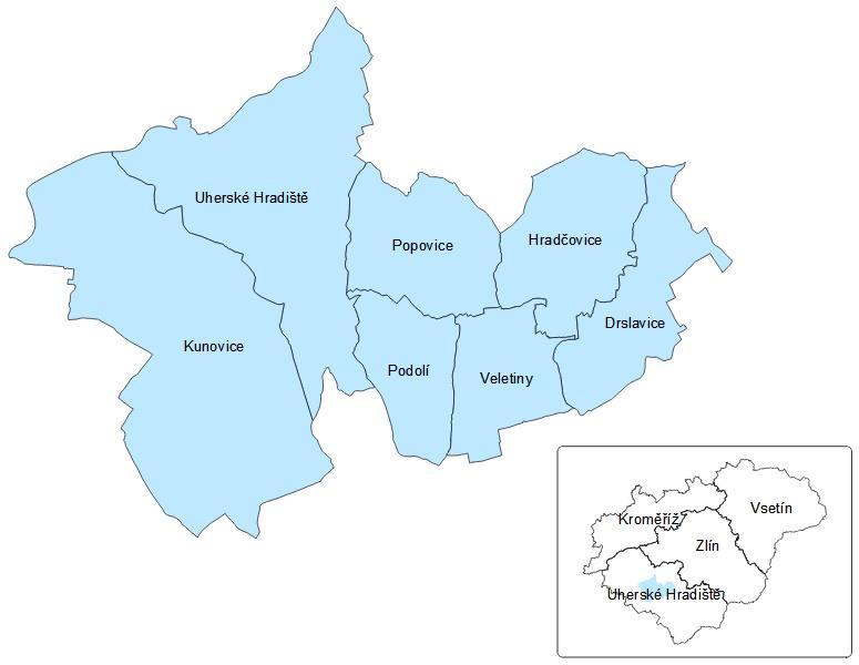 Obrázek 1 Mapa Mikroregionu Dolní Poolšaví [1] Rozloha Území mikroregionu se rozkládá na deseti katastrech šesti obcí (Kunovice, Popovice, Podolí, Veletiny, Hradčovice, Drslavice) a třech městských