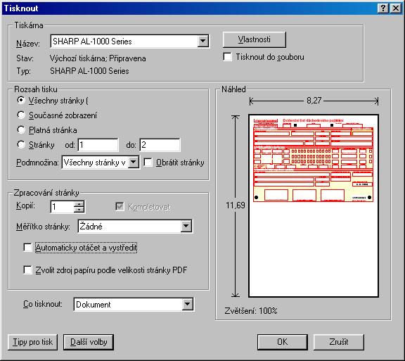 3.4.3 Nastavení tiskárny pro tisk PDF-tiskopisu Důležité parametry Nepoužívat tlačítko Tisk na PDF tiskopisu, ale volbu Soubor / Tisk.