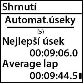 Počet automaticky měřených kol/etap a nejlepší a průměrný čas automaticky měřeného kola/etapy. Pro více informací stiskněte tlačítko START.