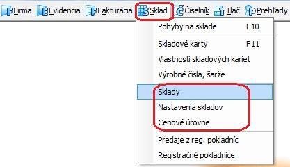 Cenové úrovne). Ak by ste chceli otvoriť formulár skladov alebo cenových úrovní z pôvodného nastavenia, program Vás upozorní, ţe evidencia bola presunutá pod menu Sklady.