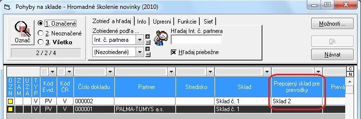 Taktieţ je vo formulári Pohyby na sklade doplnený stĺpec "Prepojený sklad pre prevodky".