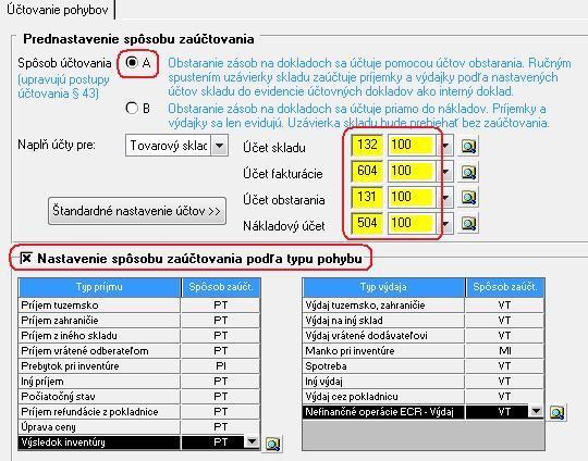 V poslednom okne Účtovanie pohybov sa nastaví spôsob účtovania. 1. Spôsob účtovania A pri takomto nastavení sa o zásobách účtuje pomocou účtov obstarania.