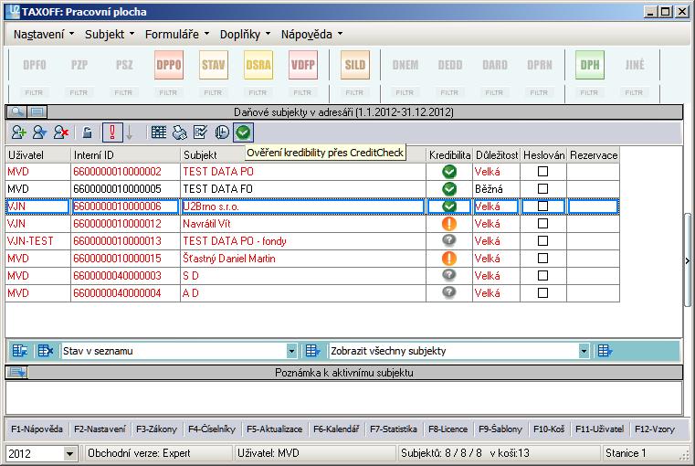 -- Po instalaci verze 214 v aplikaci TaxOff nově naleznete: Základní menu programu - nové odkazy: Nastavení -> Licence-> Licence pro CreditCheck zde je přednastaven demokód, zajišťující plný přístup