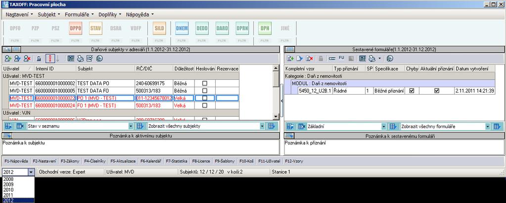 KLIENTSKÝ MODUL + DATABÁZE NASTAVENÍ: MOŽNOSTI ZOBRAZENÍ->AKTUÁLNÍ ZOBRAZENÍ->ZDAŇOVACÍ OBDOBÍ->2012 