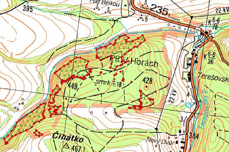 8 - Mapa výskytu tisu v PR V Horách a nejbližším okolí.