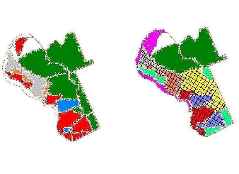 obr. 8 Porovnání předběžně odhadovaných skupin oblastí a skupin vyplývajících z analýzy dat z floristického průzkumu programem Twinspan (na levé mapě jsou znázorněny předběžně odhadované skupiny