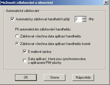 Ve Správci plochy 2x klikněte na Zálohovat a obnovit 2. Klikněte na tlačítko Možnosti 3. Zaškrtněte zaškrtávací políčko u Automaticky zálohovat Handheld každý X dny.